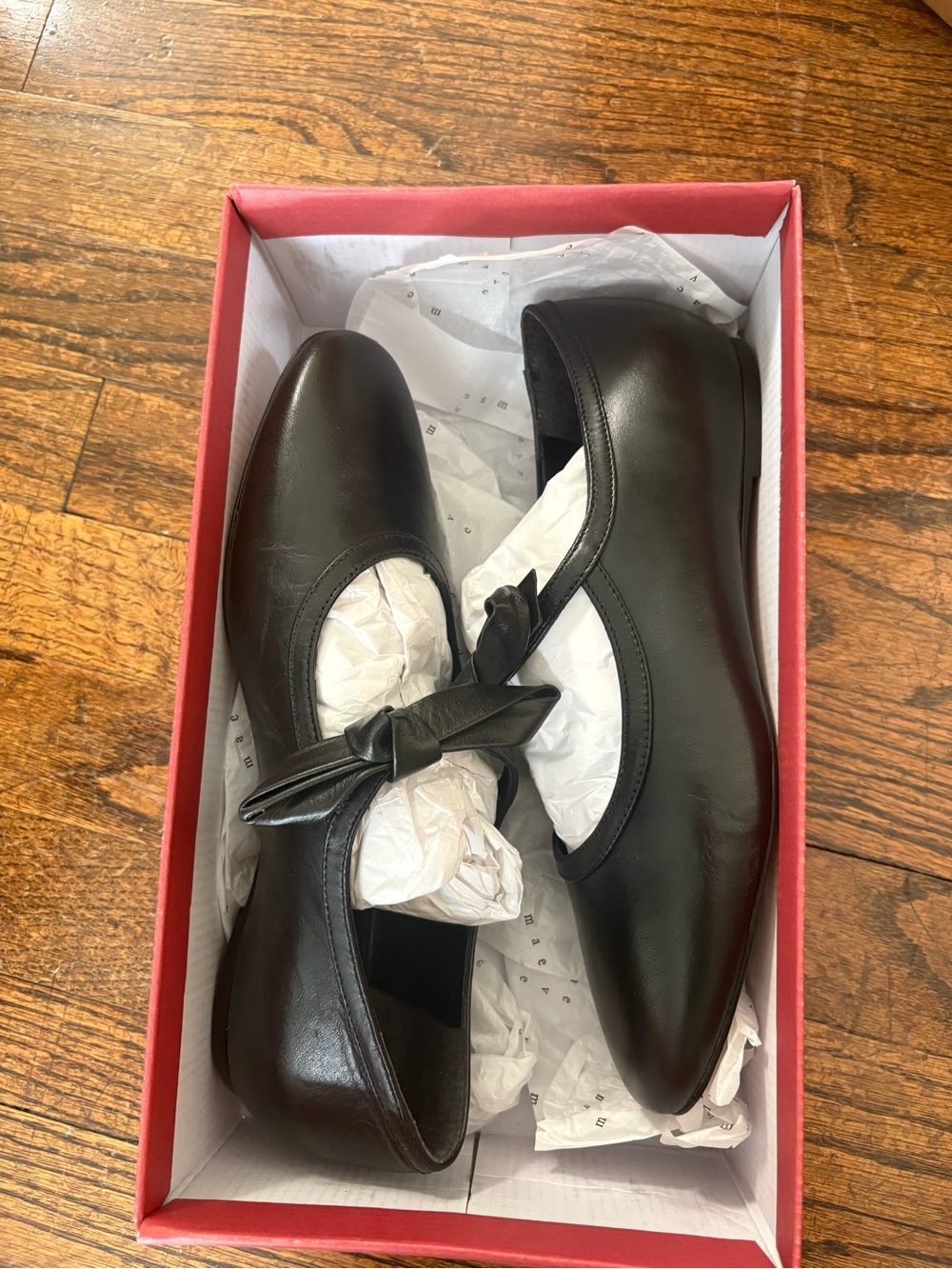 NWT Anthropologie Black Leather Mary Jane Flats with Bow